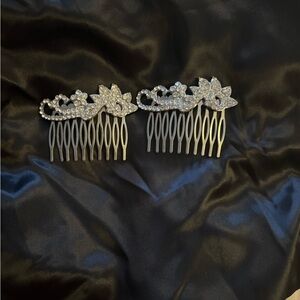Vintage Rhinestone Silver-Tone Hair Combs-Unbranded 3X2.5-inches